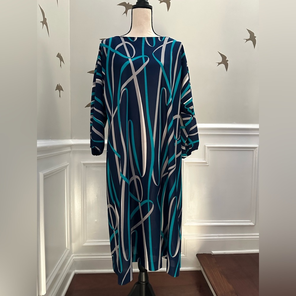 Vintage 60s 70s Navy Geometric Print Shift A-Line Dress (Size 14)